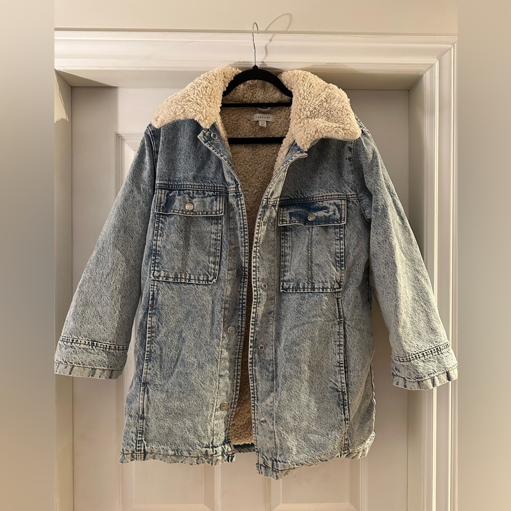 Topshop long line oversized borg lined denim jacket in mid blue size small